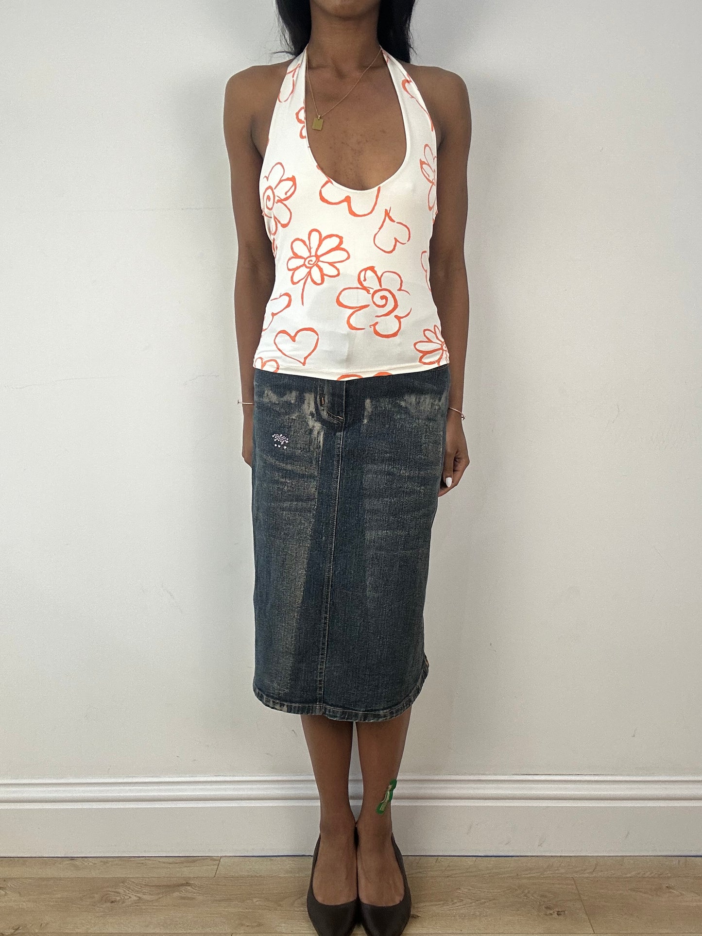vintage edit eighteen | small blue denim midi skirt with diamantés