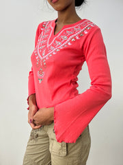 💻HIPPY CHIC DROP | kleines Korallen-Langarm-Top mit Paisley-Front