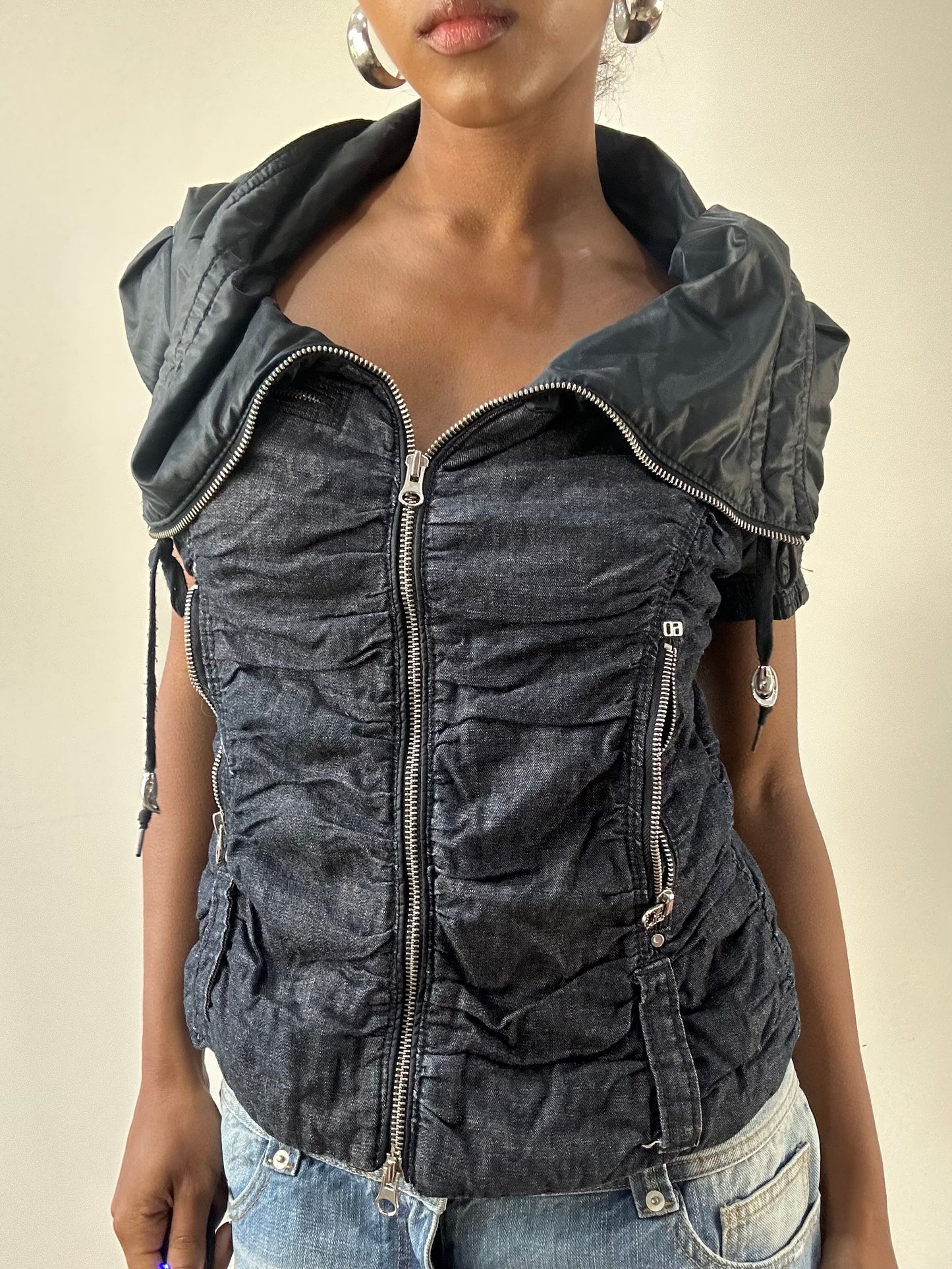 LFW edit | extra small navy blue miss sixty jacket with silver dual zip detail