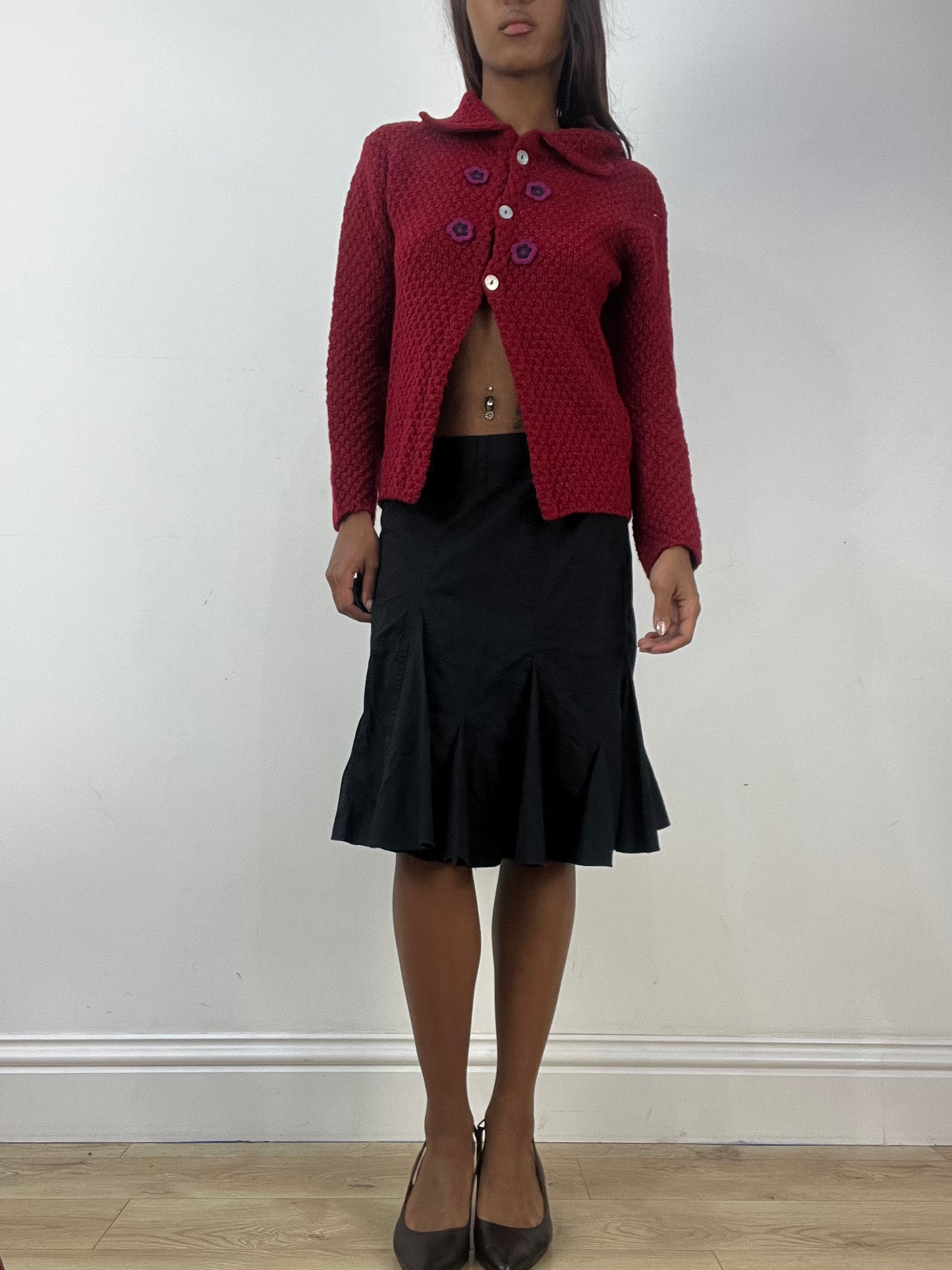 BEST PICKS | small red knit cardigan top with 3d floral details