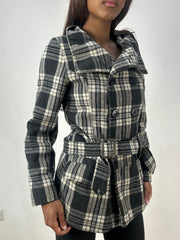 vintage edit thirty-three | small plaid checkered black and white pea coat jacket with belt
