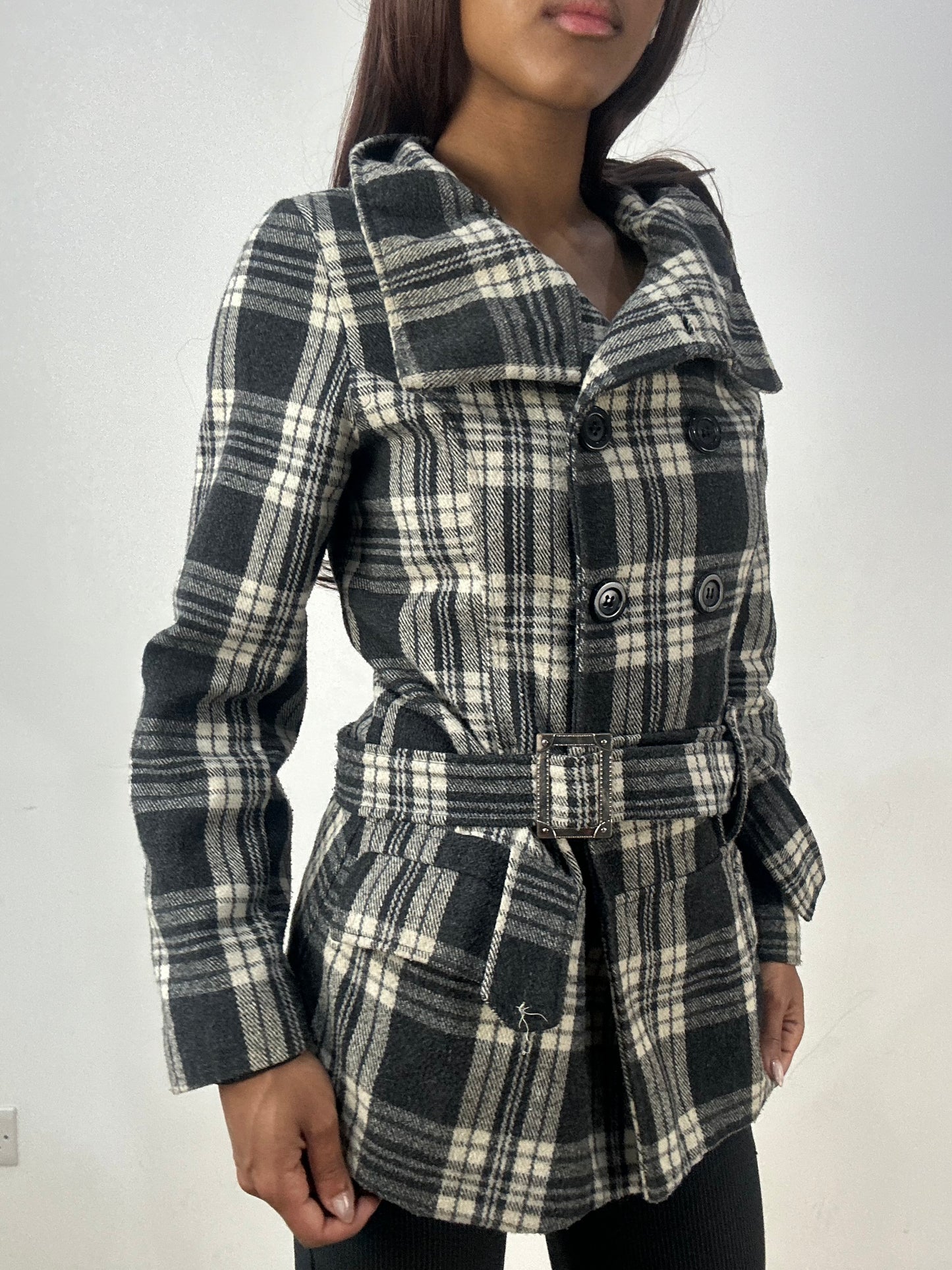 vintage edit thirty-three | small plaid checkered black and white pea coat jacket with belt
