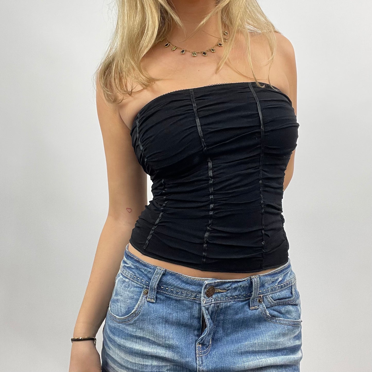 MOB WIFE DROP | small black ruched mesh strapless top