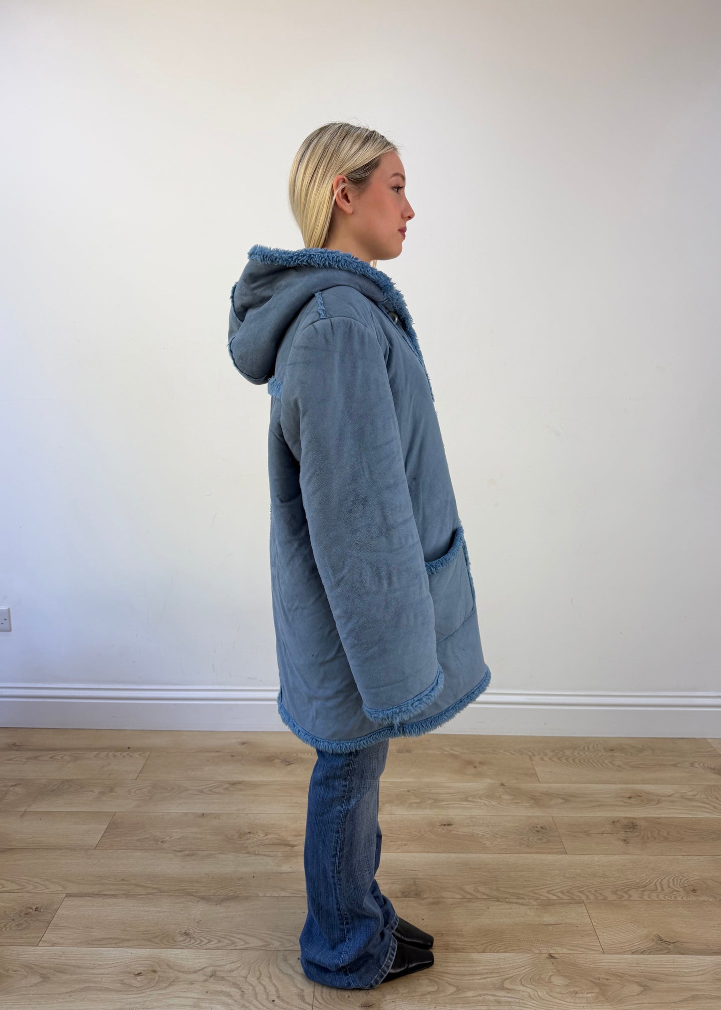 extra large blue hooded shearling afghan coat