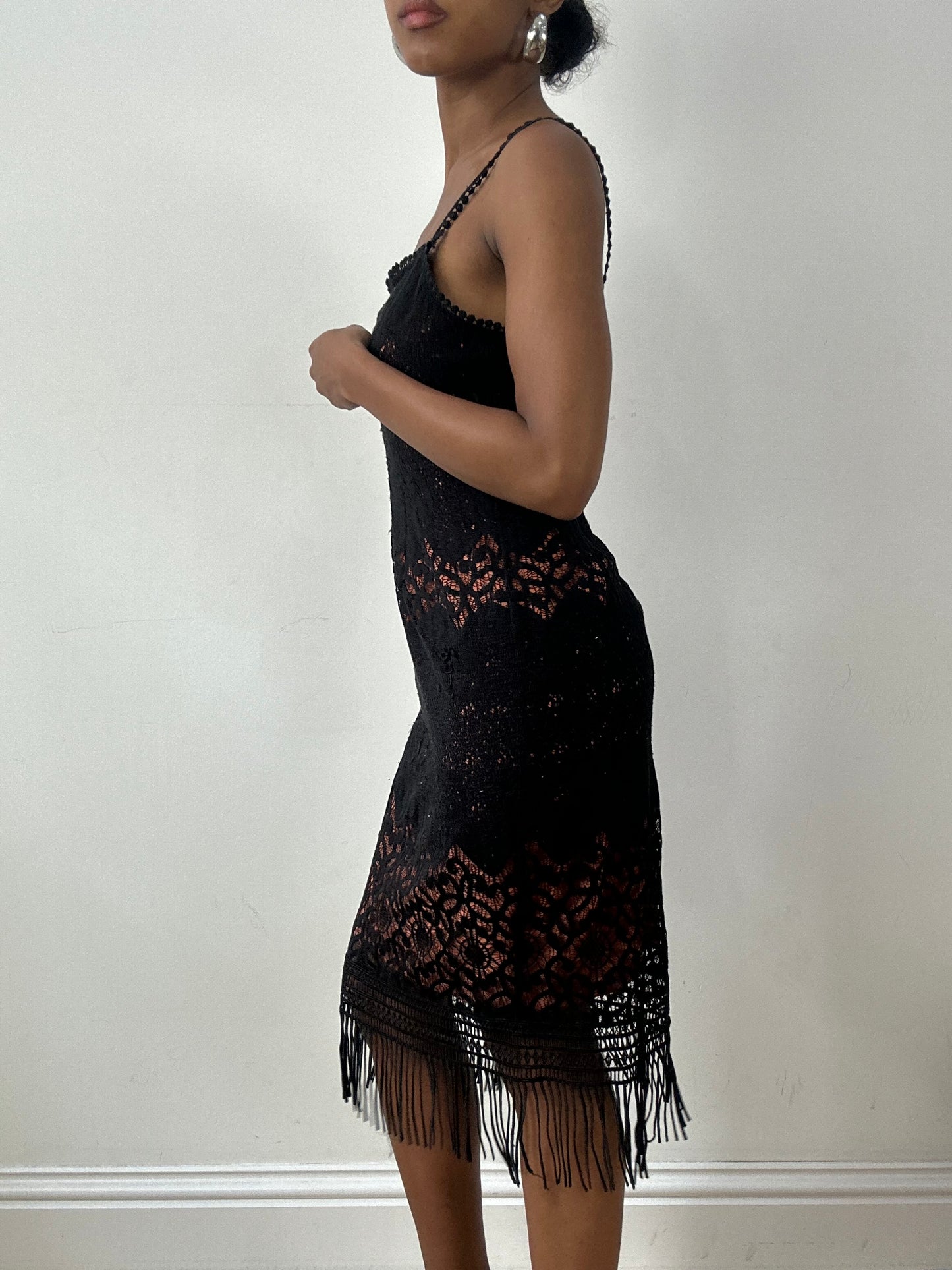 vintage edit twenty-nine | small black crotchet midi dress with fringe hem detail