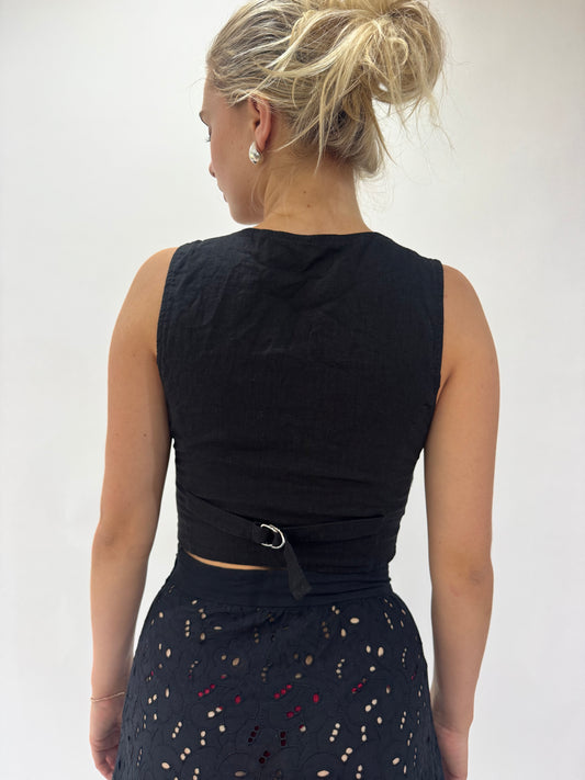 french summer drop | small black linen waist coat style top