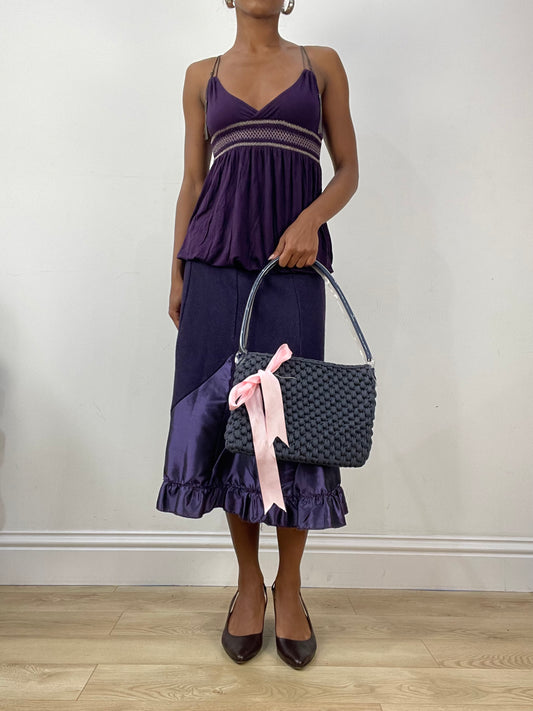 vintage edit: halloween | blue crochet shoulder bag with pink ribbon detail