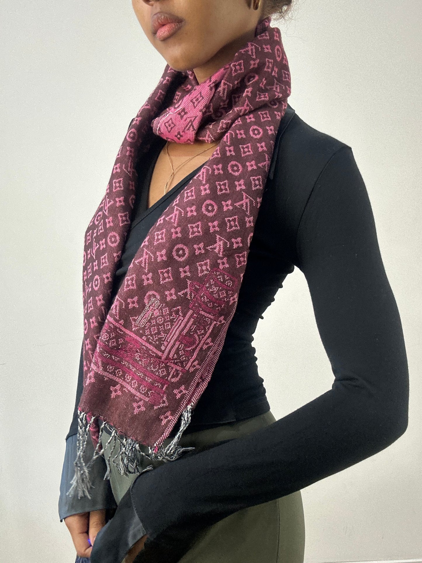 winter edit | pink and brown louis vuitton tassel scarf with monogram print