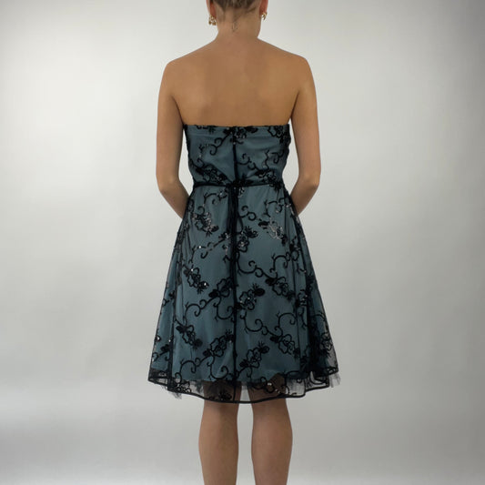 💻PROM SEASON DROP | medium blue mesh overlay bandeau dress with tie up back and sequin embroidered detail
