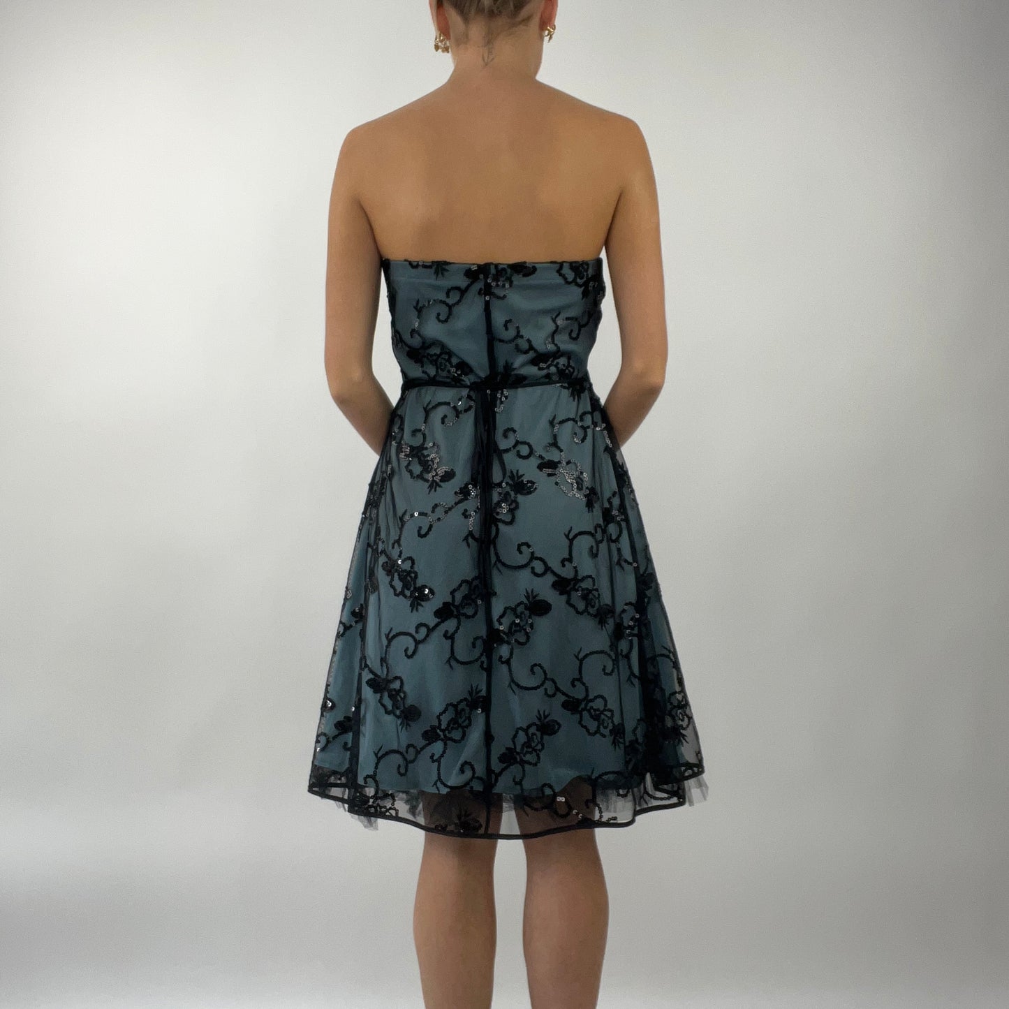 💻PROM SEASON DROP | medium blue mesh overlay bandeau dress with tie up back and sequin embroidered detail