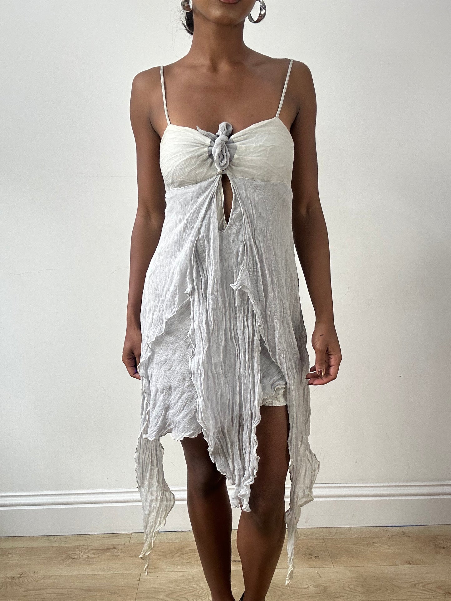 LFW edit | small grey asymmetrical mini dress with mesh overlay
