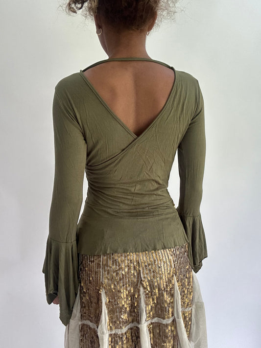 olivia rodrigo drop | small green long sleeve sequin detail top