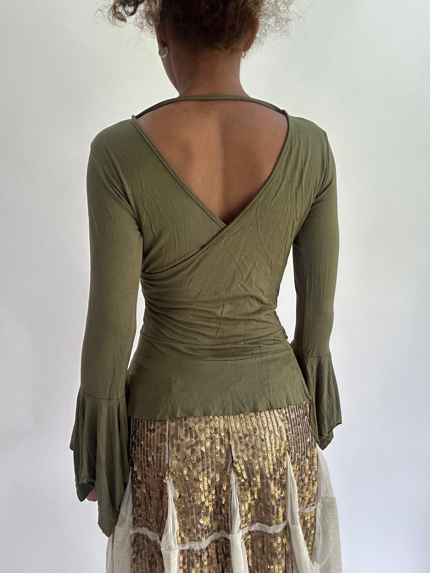 olivia rodrigo drop | small green long sleeve sequin detail top
