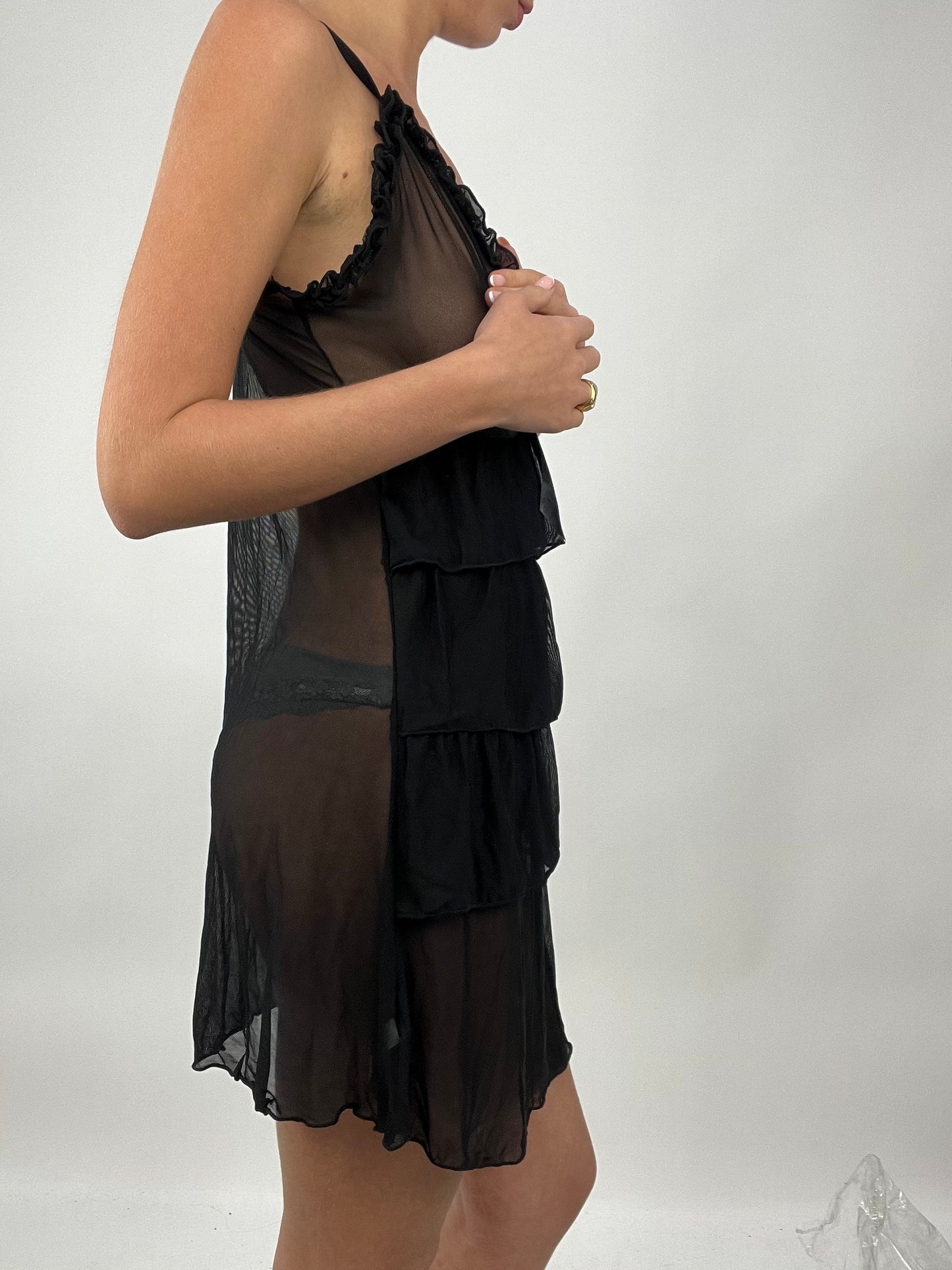 TAYLOR SWIFT DROP | small black sheer ruffle dress with bow
