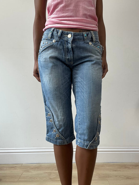 vintage edit thirty-one | medium blue denim cropped capri trousers