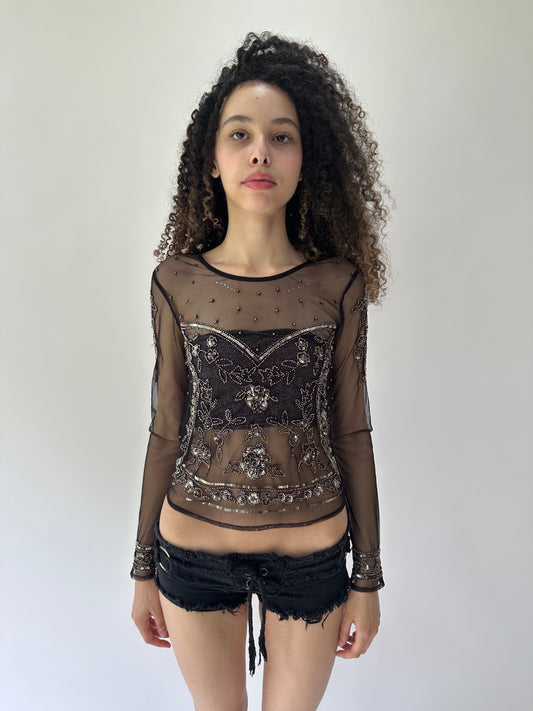 festival drop | small black and silver embellished sheer top