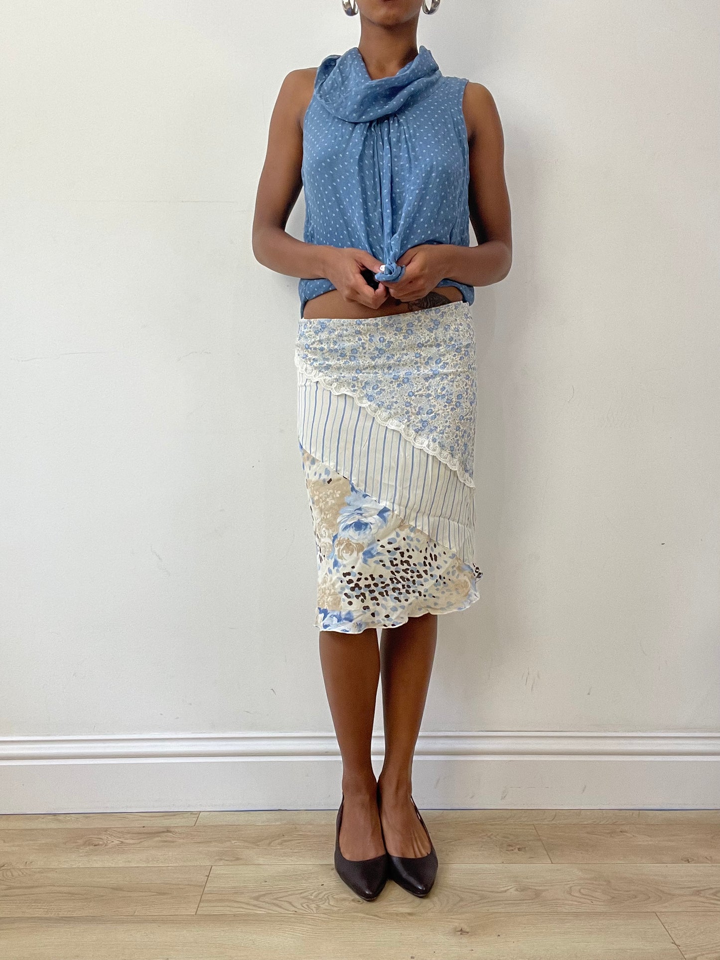 vintage edit twenty-seven | extra small white midi skirt with floral pinstripe print and lace detail