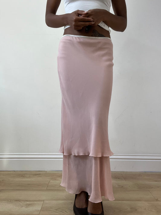 BEST PICKS | medium pink midi skirt with tiered mesh overlay