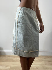 spring edit | small blue denim midi skirt with broiderie panelling