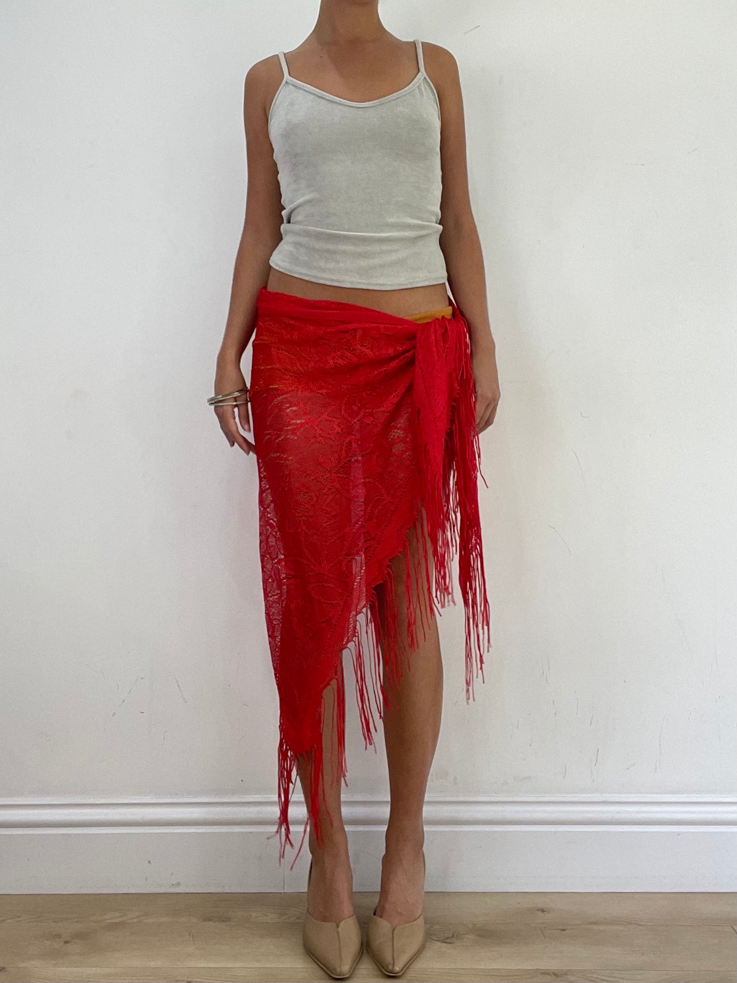 VINTAGE PICKS | red asymmetrical tie side beach skirt