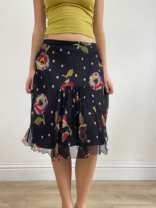 vintage edit twenty-four | medium black midi skirt with floral and polka dot print