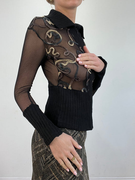 vintage edit twenty | small black sheer mesh zip up collared top with swirl print
