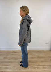 small grey coat with faux fur hood