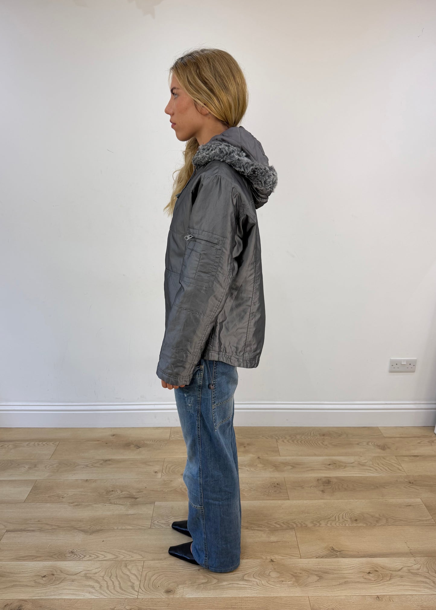 small grey coat with faux fur hood