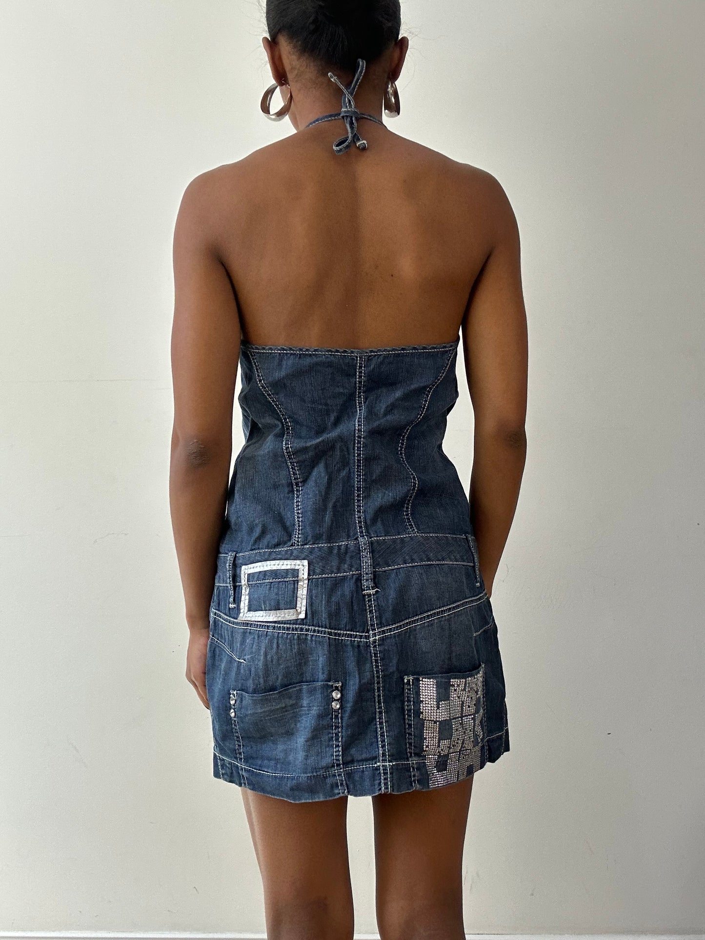 vintage edit twenty-seven | small denim halterneck mini dress with diamanté buttons