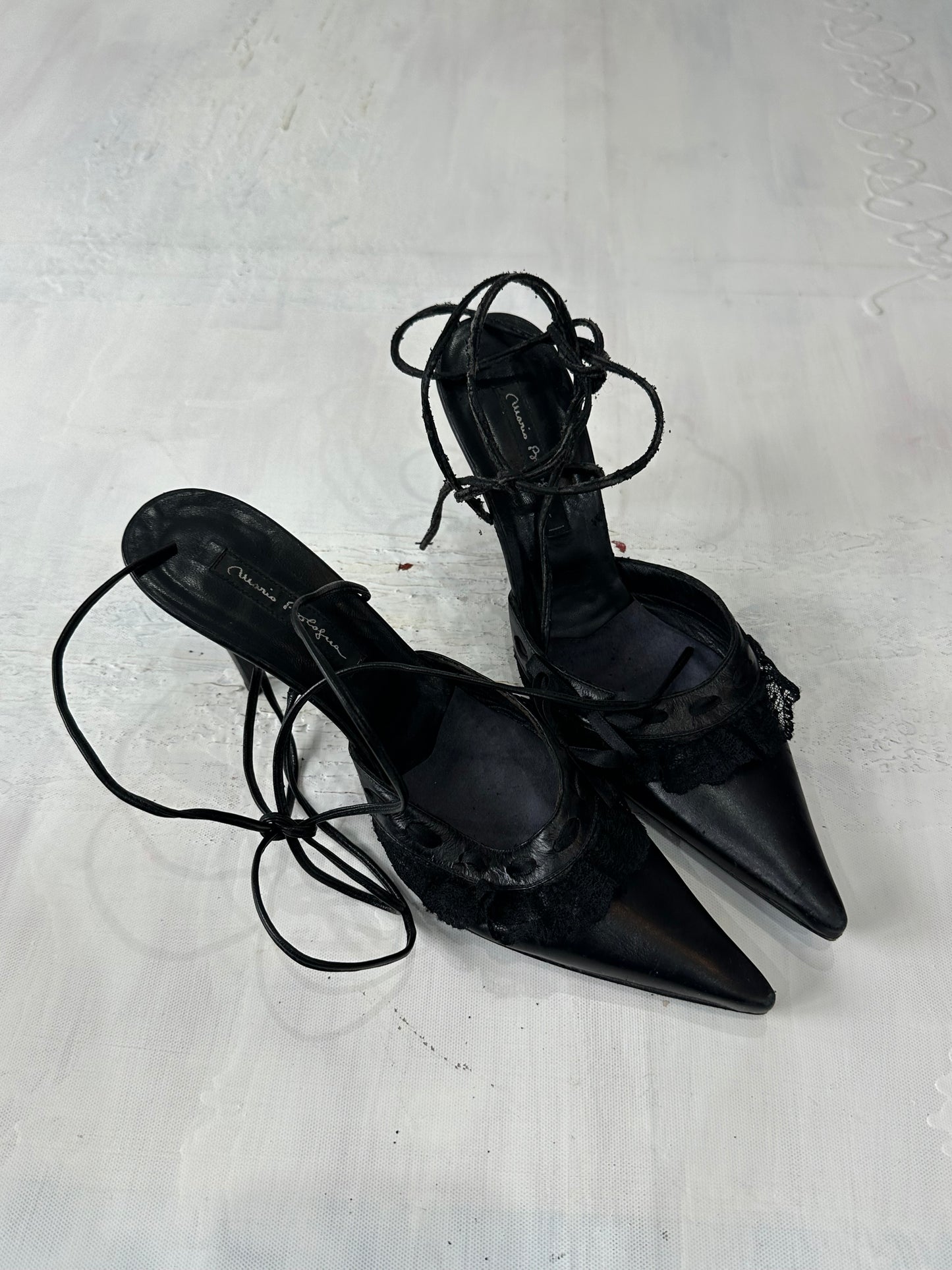 vintage edit: halloween | UK4 black tie up slingback heels with lace details