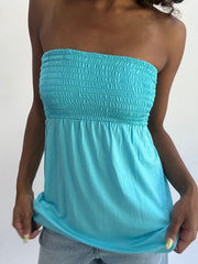 beach drop | taille: S/M · couleur: bleu · article: haut bandeau · détails: froncé