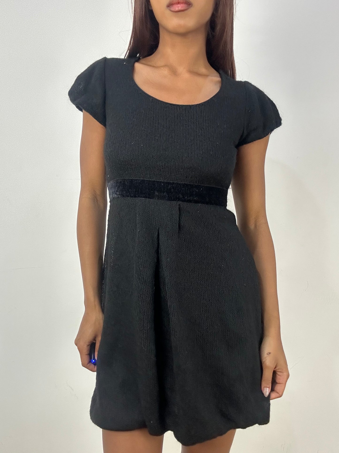 vintage edit thirty-three | small black knit mini dress with belted waist
