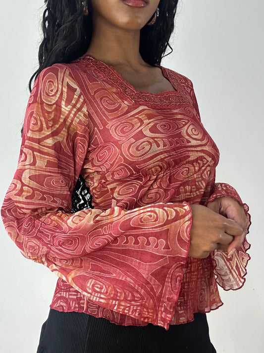 vintage edit twenty-three | medium red long sleeve top with sheer abstract print