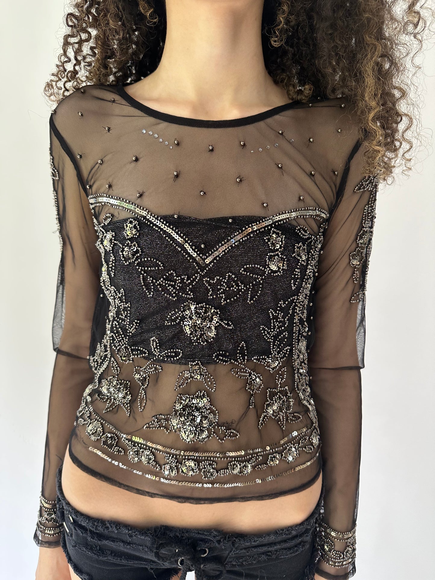 festival drop | small black and silver embellished sheer top