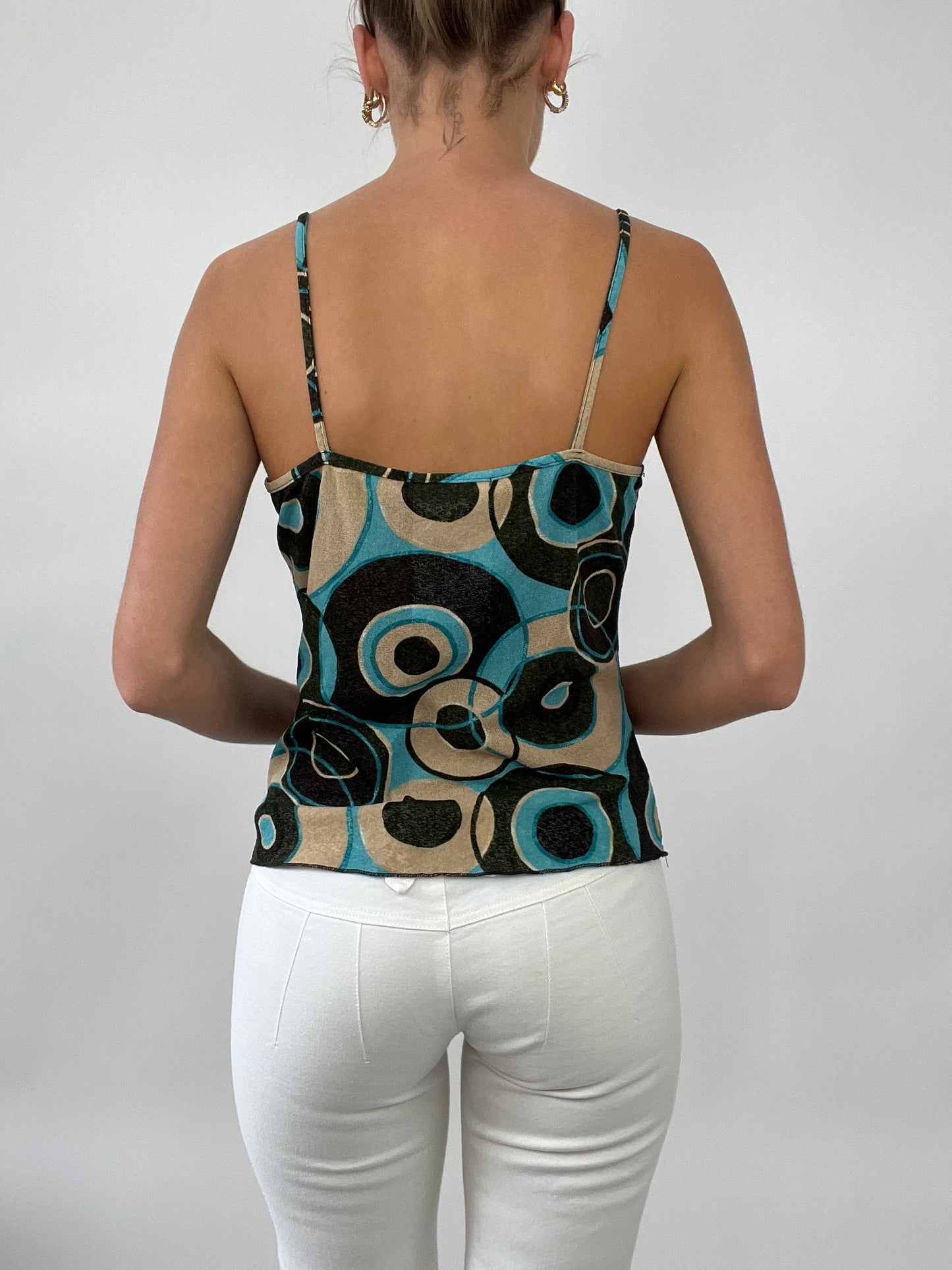 PALM BEACH DROP | small blue cami with brown circle pattern