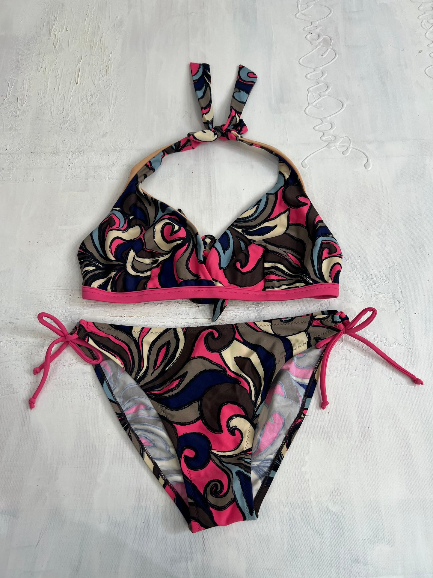 vintage edit thirty | large black and pink halterneck bikini set