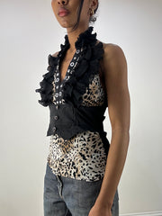 MOB WIFE DROP | small leopard print halterneck top with ruffle front detail