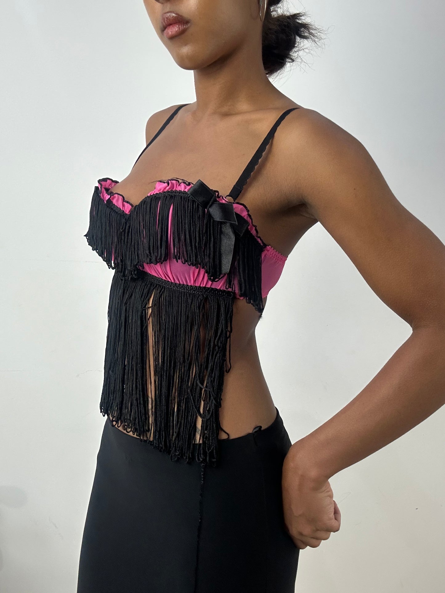 BEST PICKS | medium black and pink fringe bra and underwear set