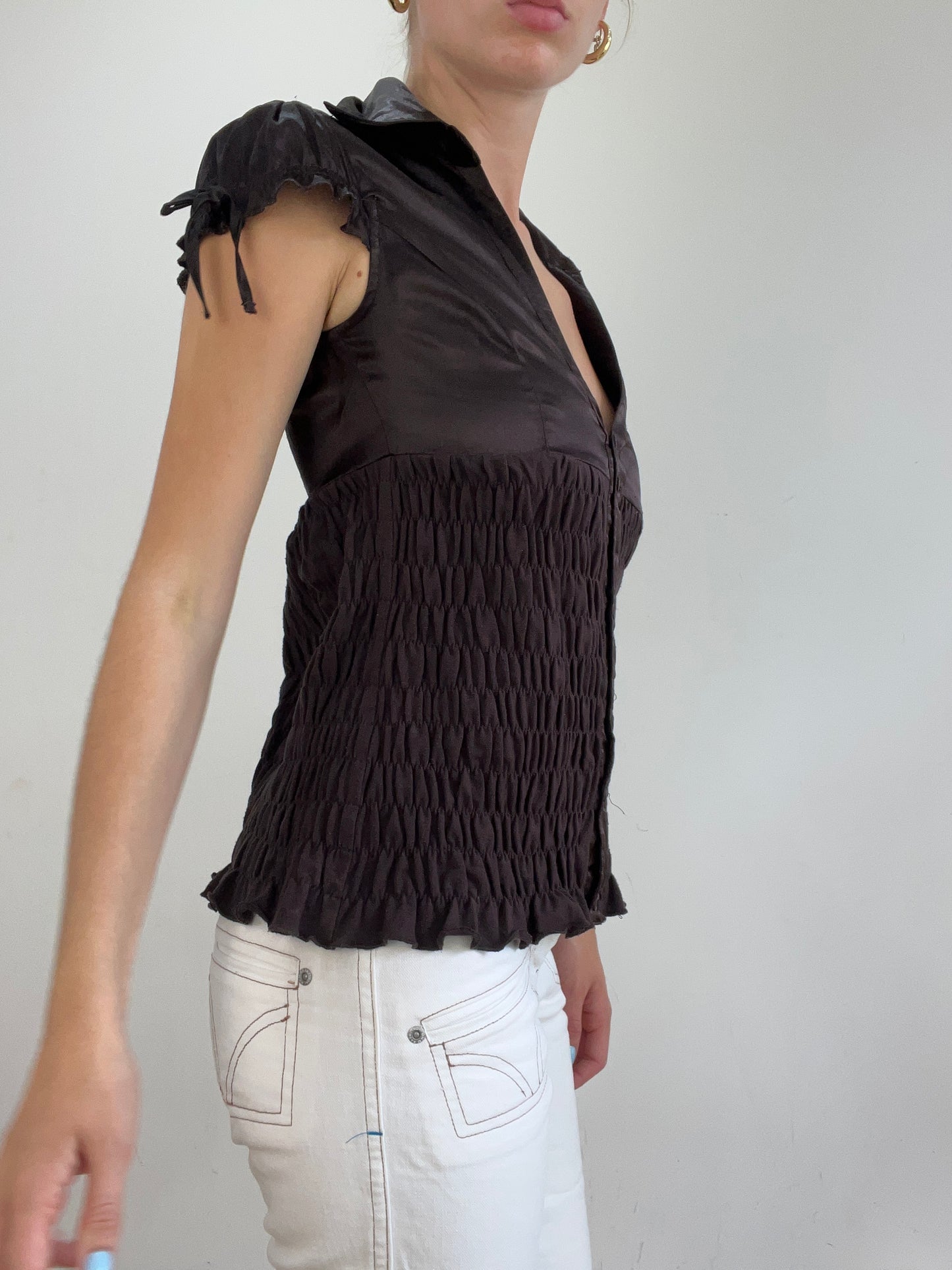 vintage edit twenty eight | extra small brown satin style short sleeve shirt