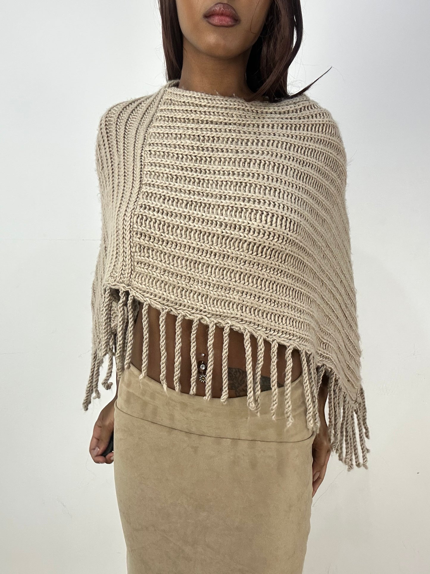 vintage edit thirty-three | small beige knit poncho with tassel fringe