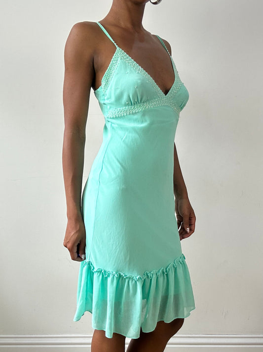 vintage edit twenty-nine | small teal blue midi dress with beading detail