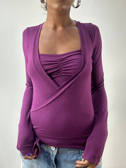 LFW edit | small purple long sleeve wrap style top with bandeau underlay