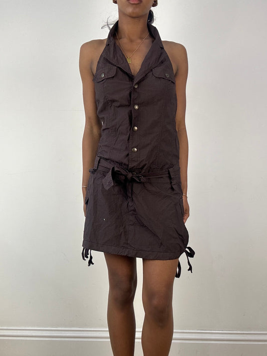 vintage edit eighteen | medium brown halterneck cargo style midi dress
