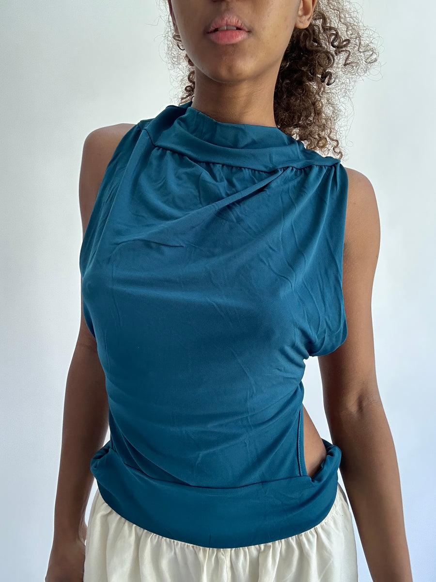 ‼️ | S码 蓝色 backless cut out cowl neck 系带 上衣