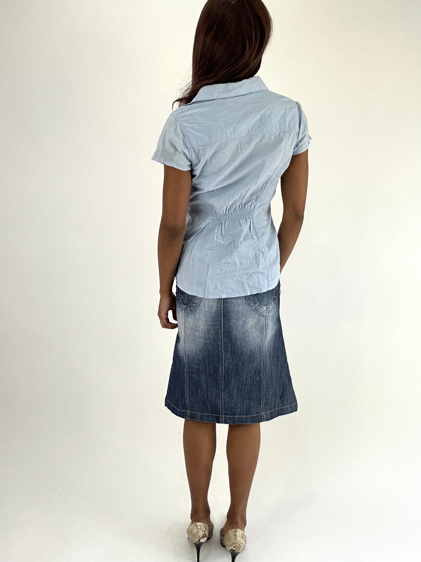 WINTER FAVOURITES | small blue denim midi skirt with multicolour button detail