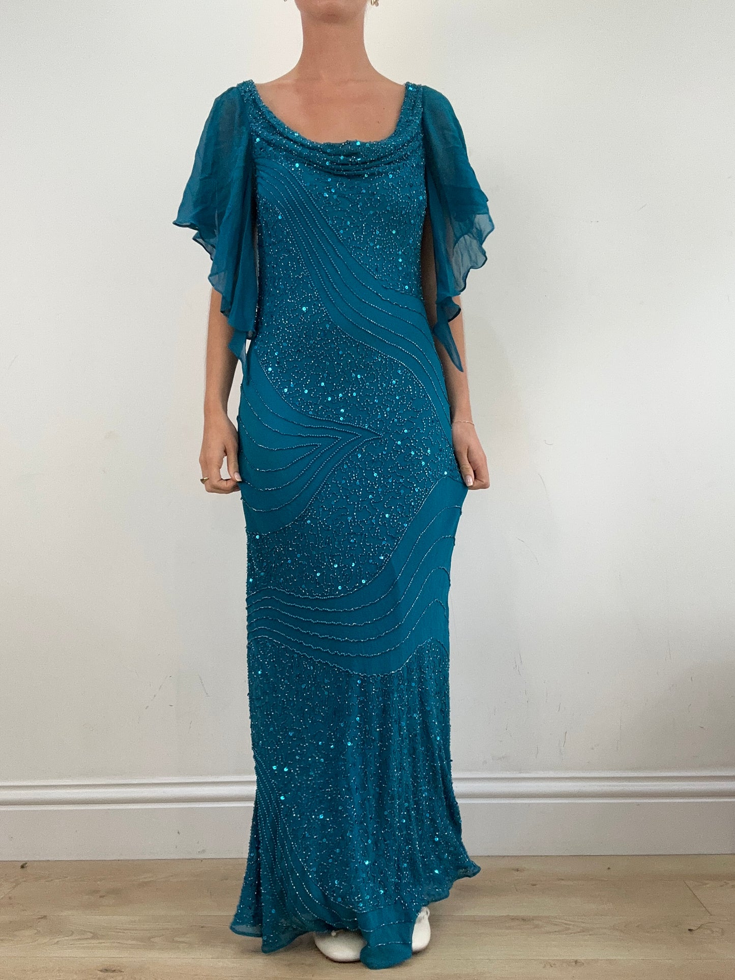 summer edit | medium blue maxi dress with mesh sleeves and beads