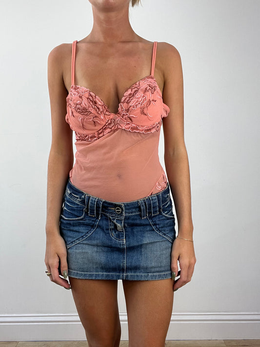 GIRLBAND DROP | medium pink corset style bodysuit with floral print