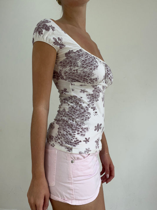 BEST PICKS | extra small white off the shoulder top with purple floral print
