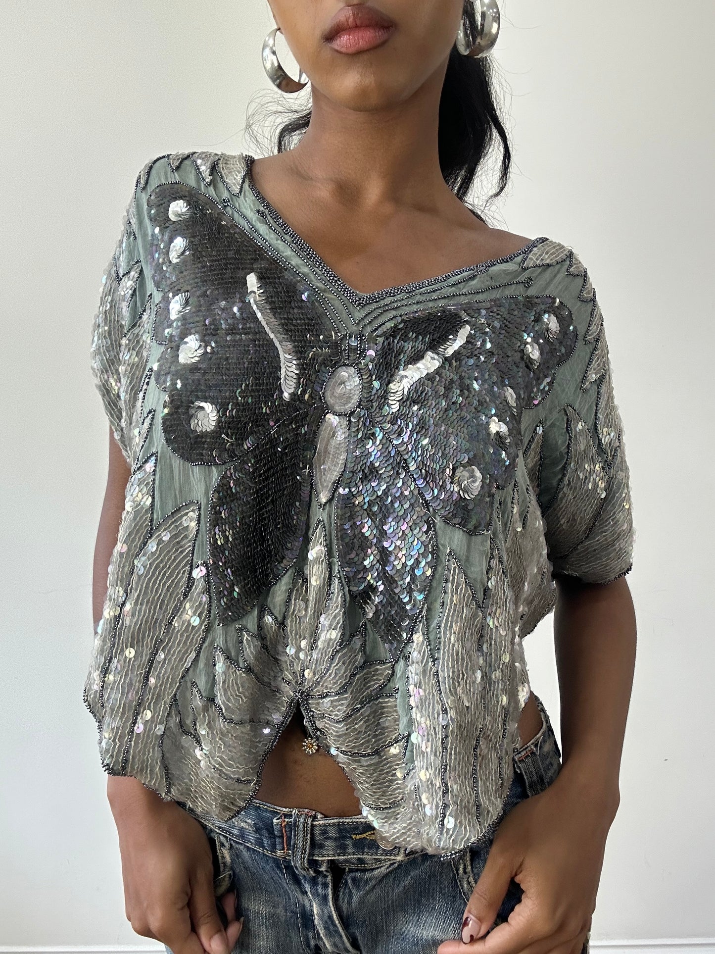 BEST PICKS | small grey and blue silk sequin butterfly poncho top