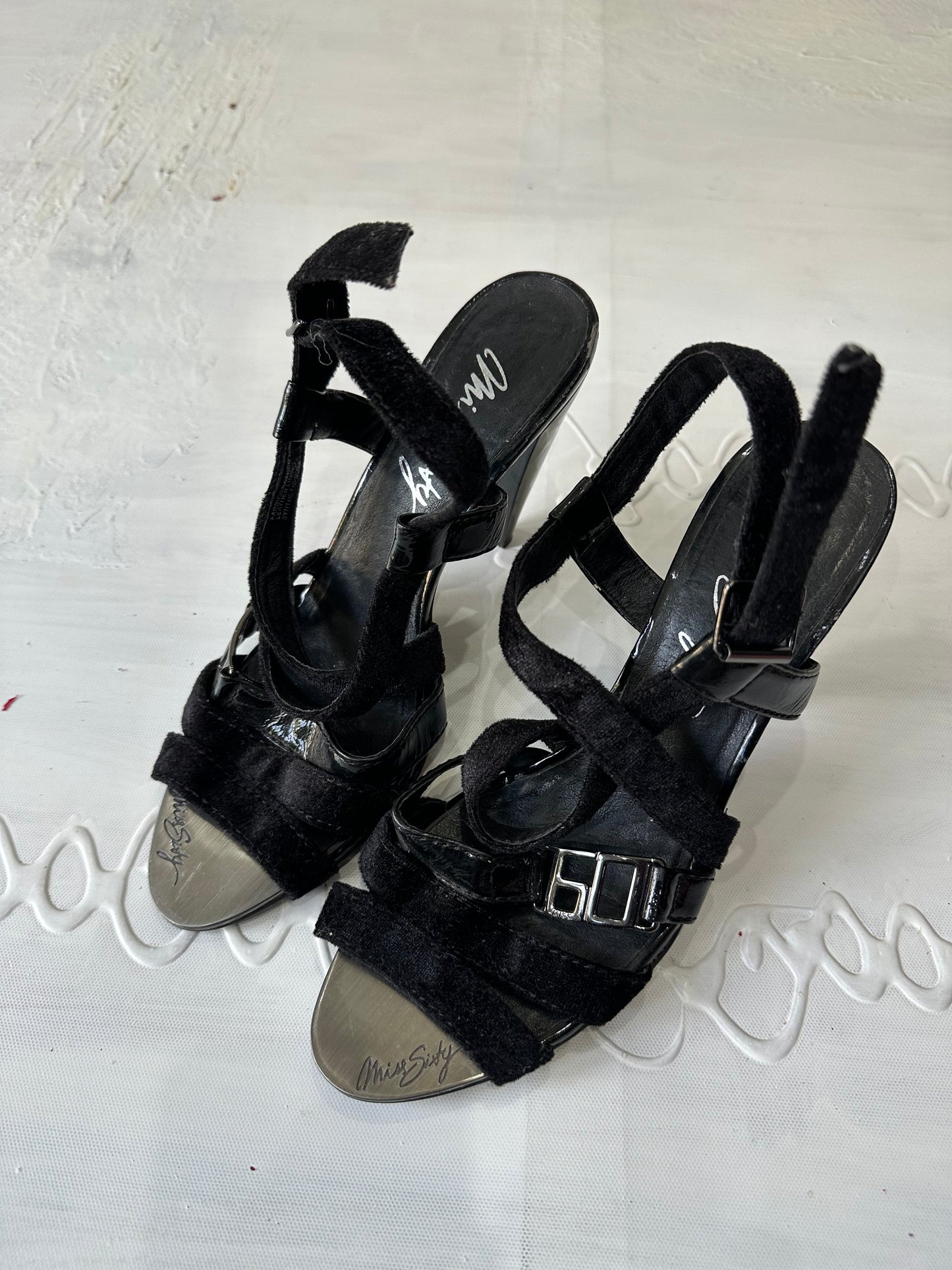 LFW edit | UK4 black miss sixty faux suede straply heels with logo